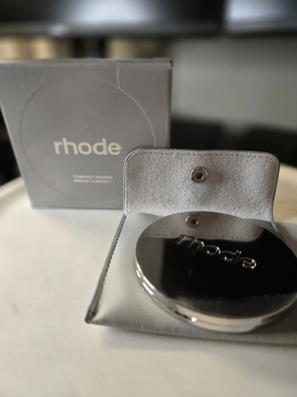 RHODE Silver Compact Mirror with Gray Case NEW